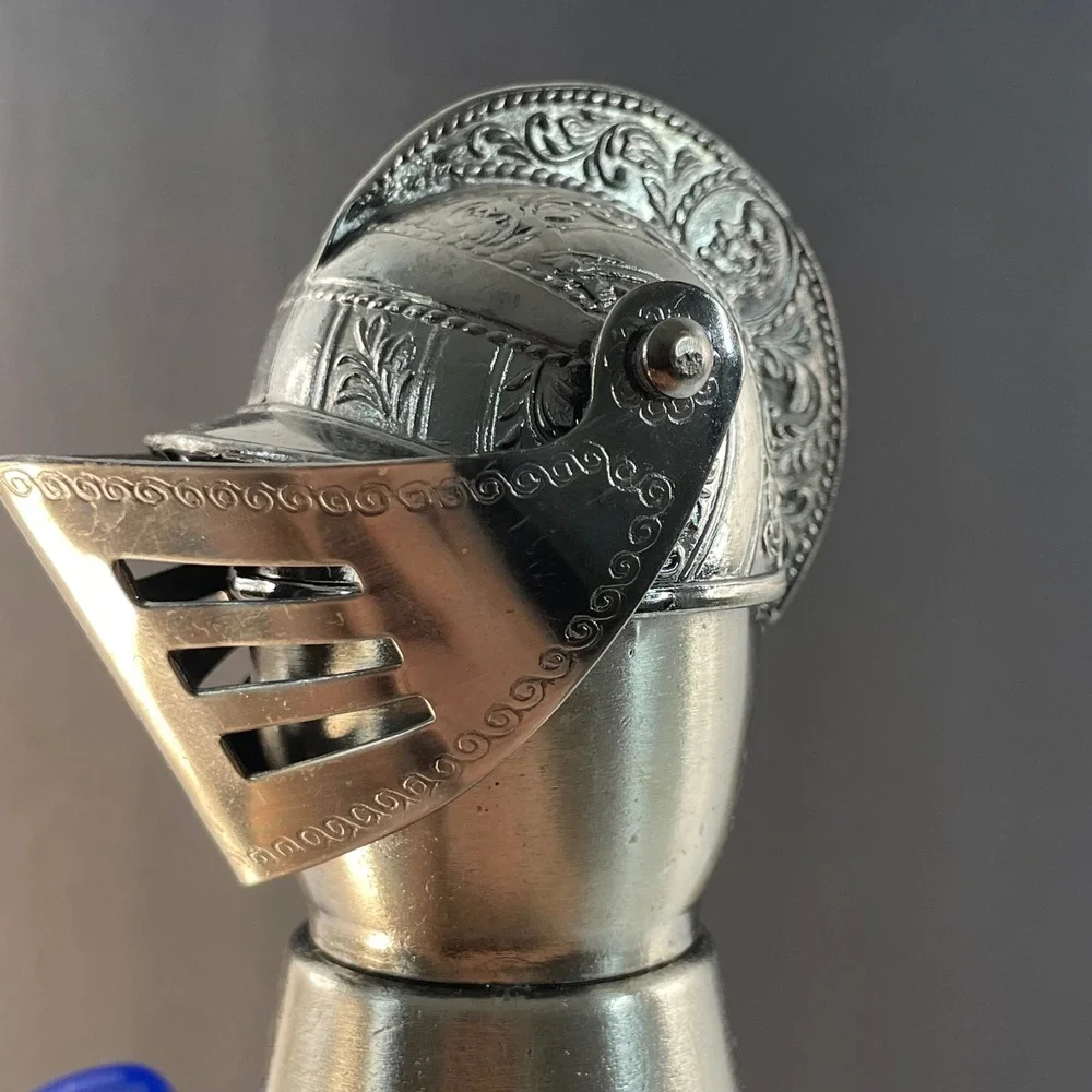 Vintage Medieval Knight Helmet Liquor Pourer Silver Metal Barware Movable Visor